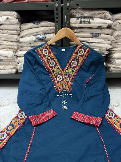 Blue Cotton A-Line Kurti Set with Kanch & Moti Embroidery and Malmal Dupatta