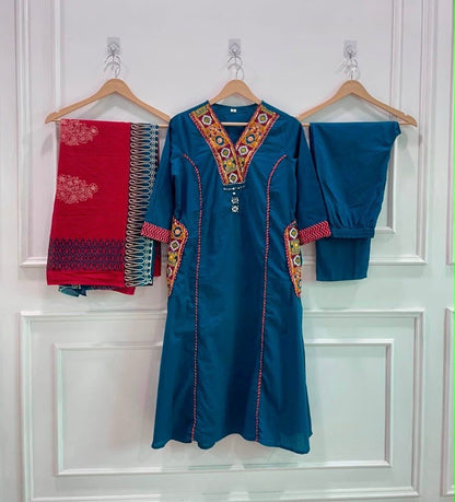 Blue Cotton A-Line Kurti Set with Kanch & Moti Embroidery and Malmal Dupatta