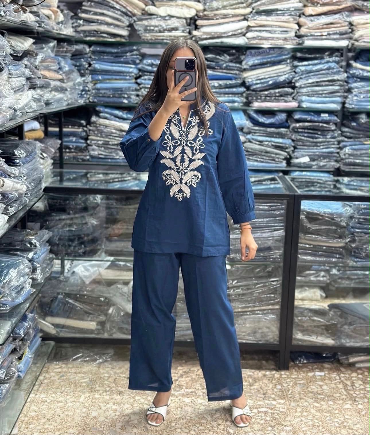 Blue Cotton Embroidered Co-Ord Set for Women