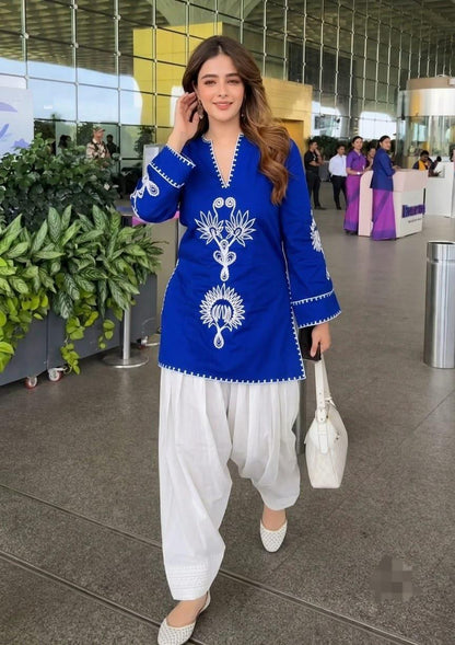 Blue Cotton Embroidered Farshi Salwar Suit Set with Kurta