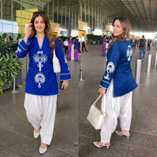 Blue Cotton Embroidered Farshi Salwar Suit Set with Kurta