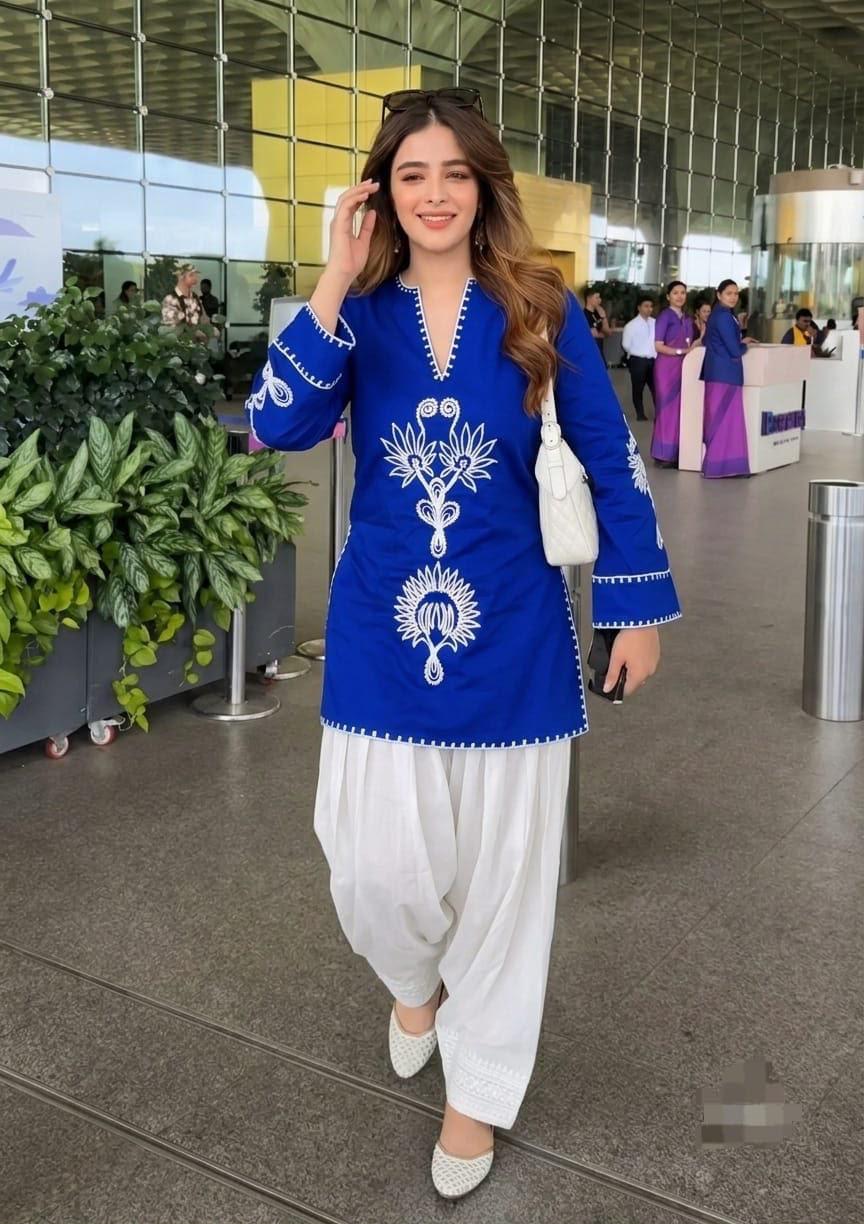 Blue Cotton Embroidered Farshi Salwar Suit Set with Kurta