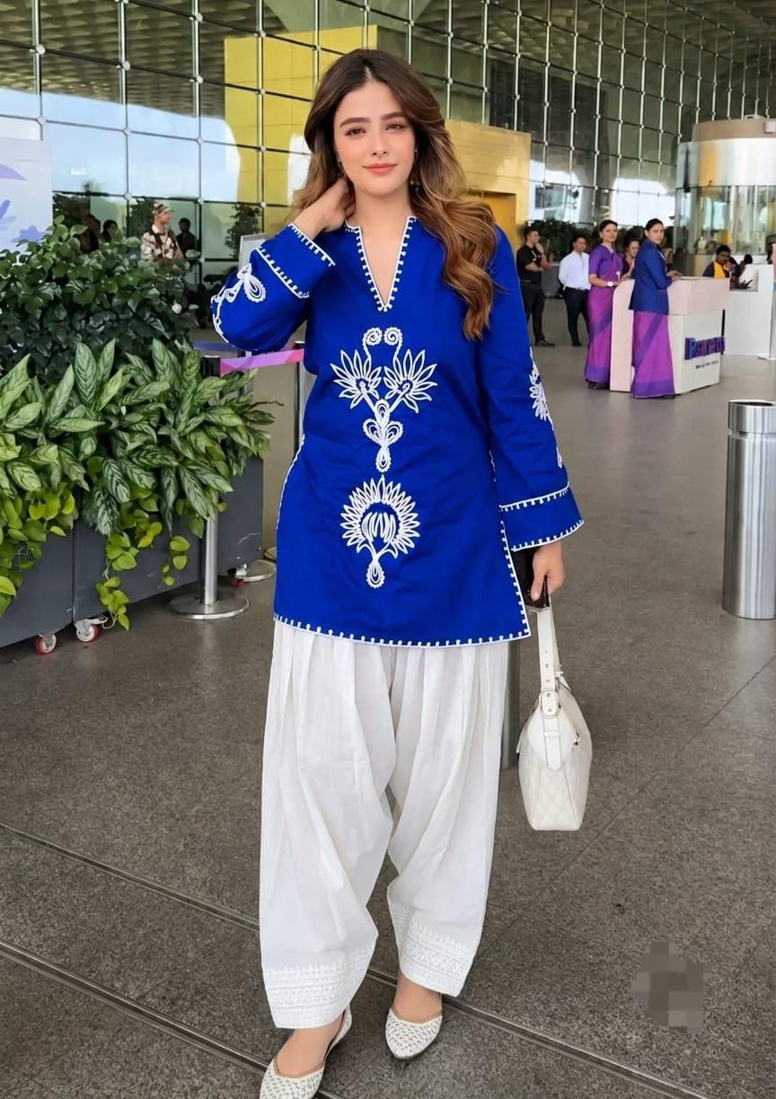 Blue Cotton Embroidered Farshi Salwar Suit Set with Kurta