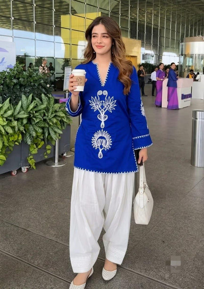 Blue Cotton Embroidered Farshi Salwar Suit Set with Kurta