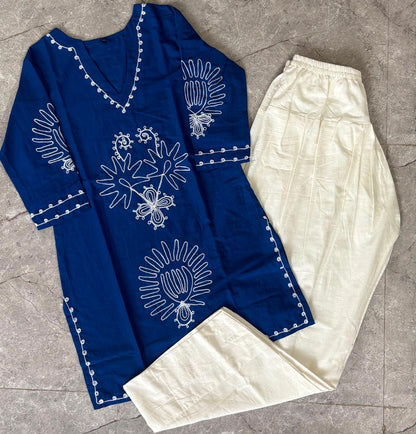 Blue Cotton Embroidered Farshi Salwar Suit Set with Kurta