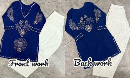 Blue Cotton Embroidered Farshi Salwar Suit Set with Kurta