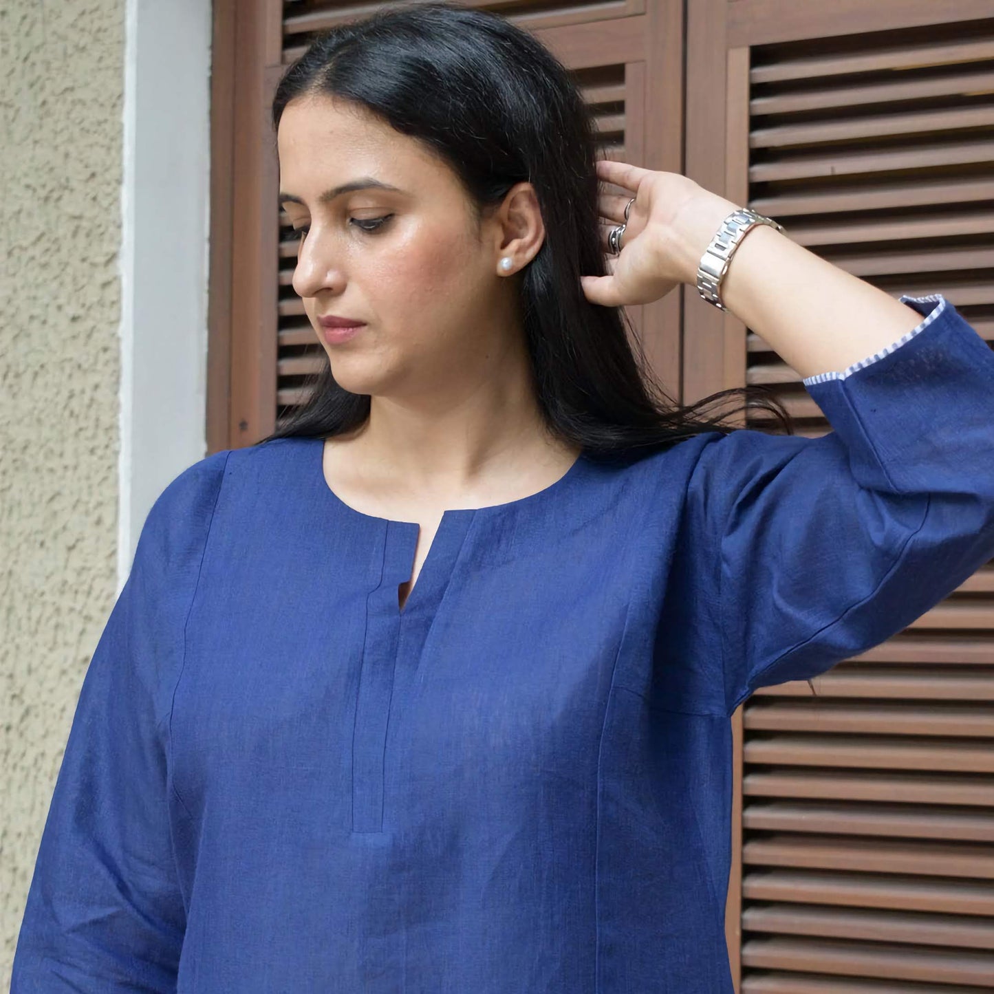 Blue Cotton Kurta Pant Set with Lace Work