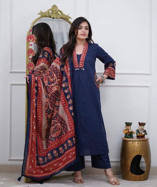 Blue Cotton Kurti Pant Set with Malmal Dupatta & Embroidery