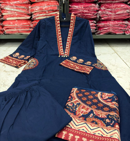 Blue Cotton Kurti Pant Set with Malmal Dupatta & Embroidery