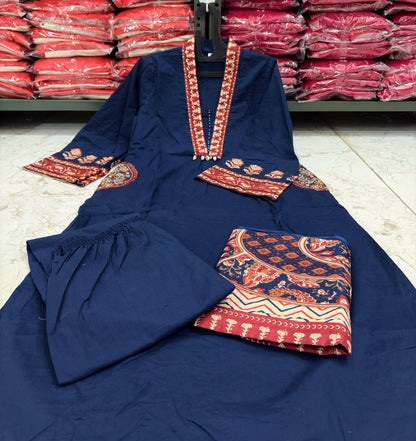 Blue Cotton Kurti Pant Set with Malmal Dupatta & Embroidery
