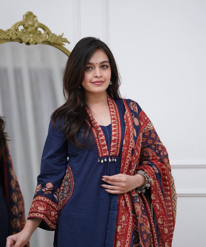 Blue Cotton Kurti Pant Set with Malmal Dupatta & Embroidery