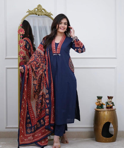 Blue Cotton Kurti Pant Set with Malmal Dupatta & Embroidery
