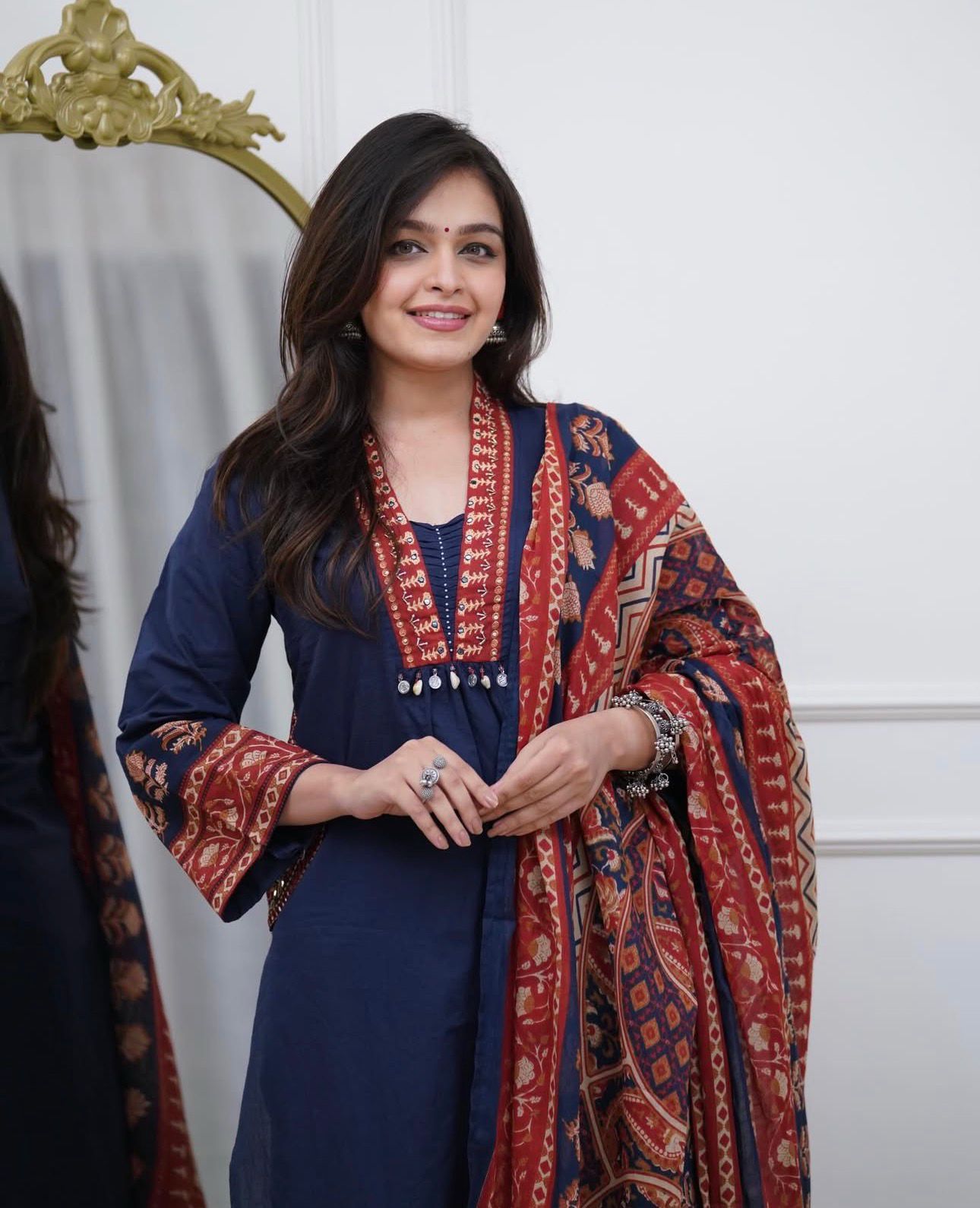 Blue Cotton Kurti Pant Set with Malmal Dupatta & Embroidery