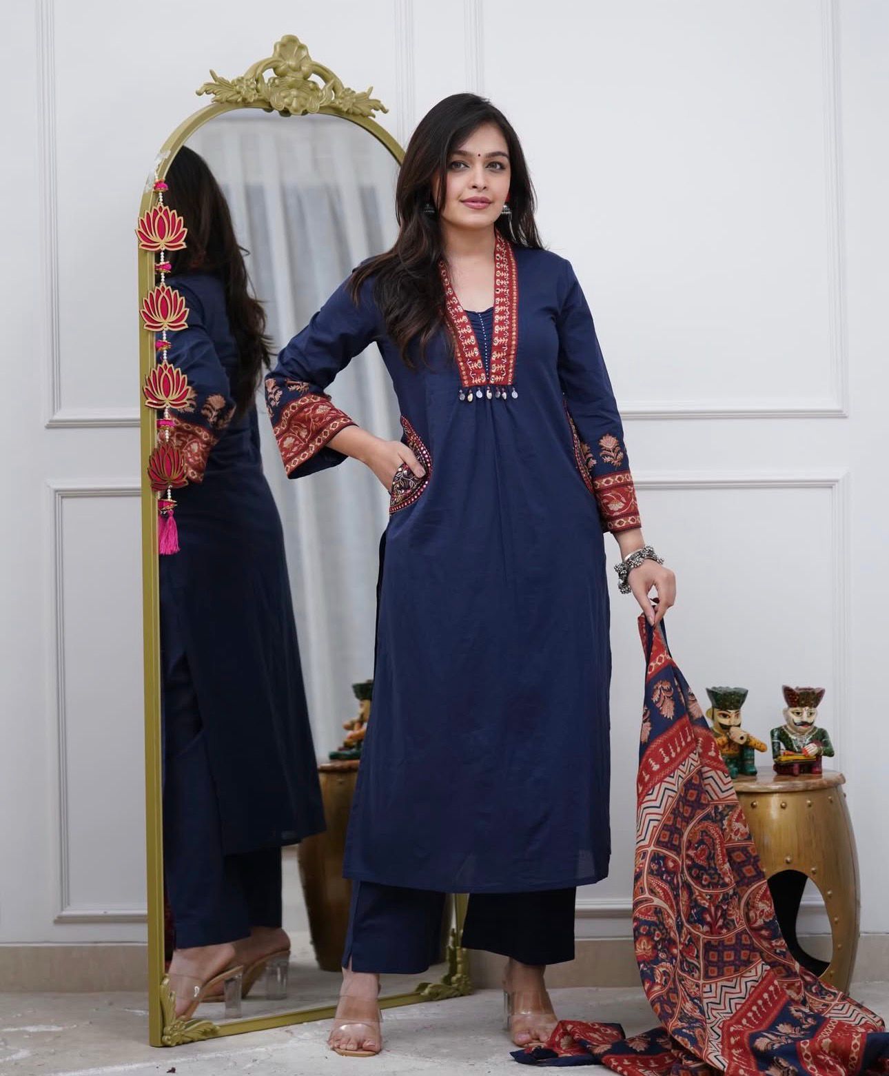 Blue Cotton Kurti Pant Set with Malmal Dupatta & Embroidery