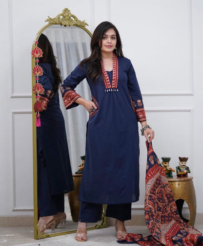 Blue Cotton Kurti Pant Set with Malmal Dupatta & Embroidery