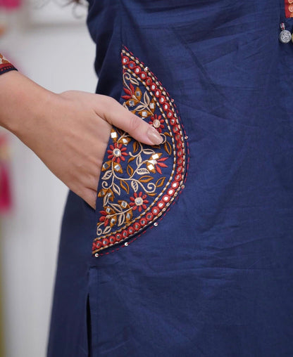 Blue Cotton Kurti Pant Set with Malmal Dupatta & Embroidery