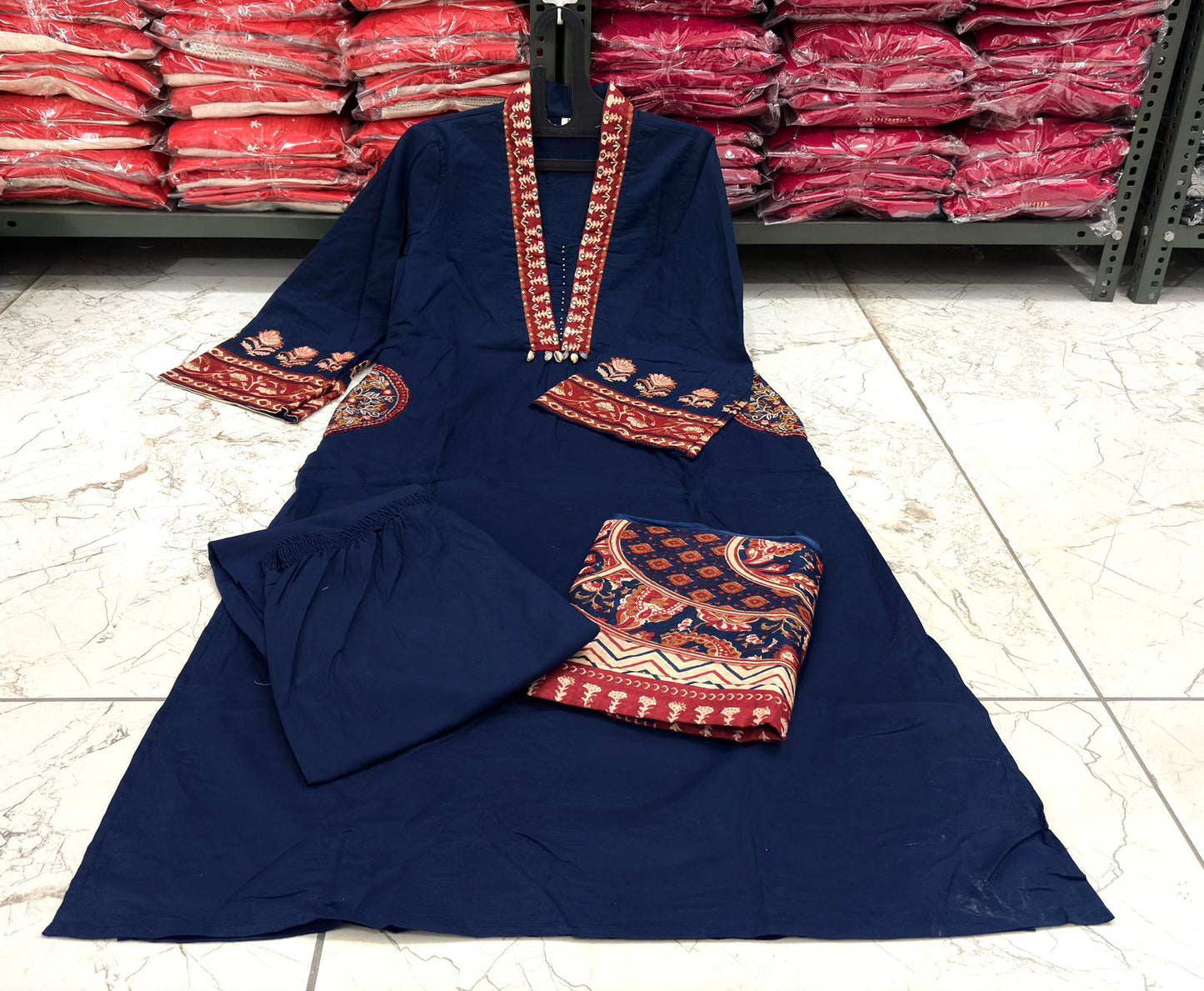 Blue Cotton Kurti Pant Set with Malmal Dupatta & Embroidery