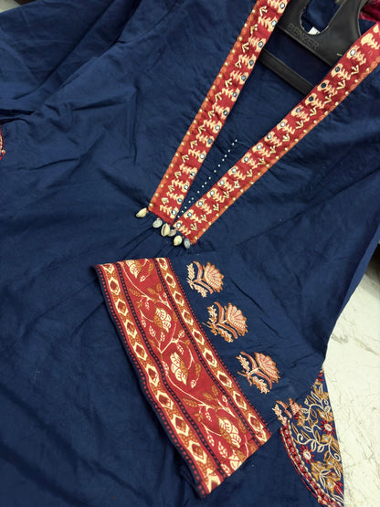Blue Cotton Kurti Pant Set with Malmal Dupatta & Embroidery