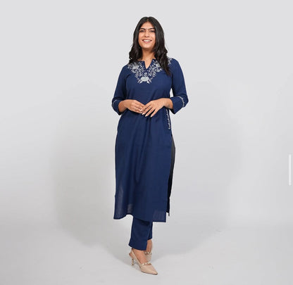 Blue Cotton Kurti Pant Set with Neck & Back Embroidery
