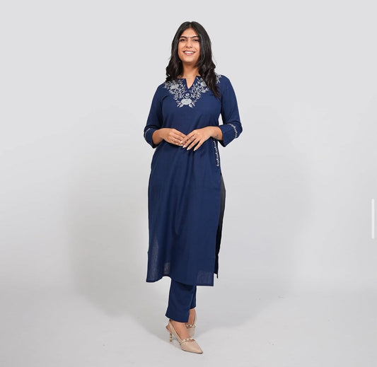 Blue Cotton Kurti Pant Set with Neck & Back Embroidery