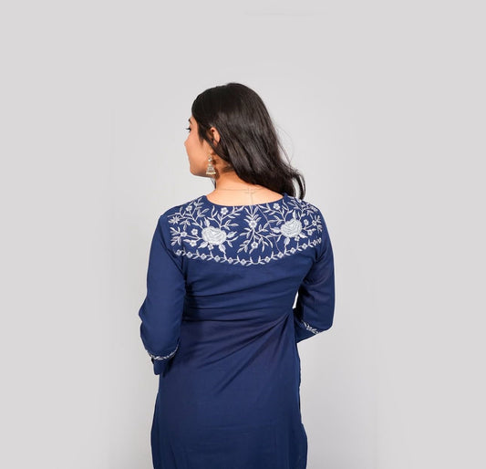 Blue Cotton Kurti Pant Set with Neck & Back Embroidery