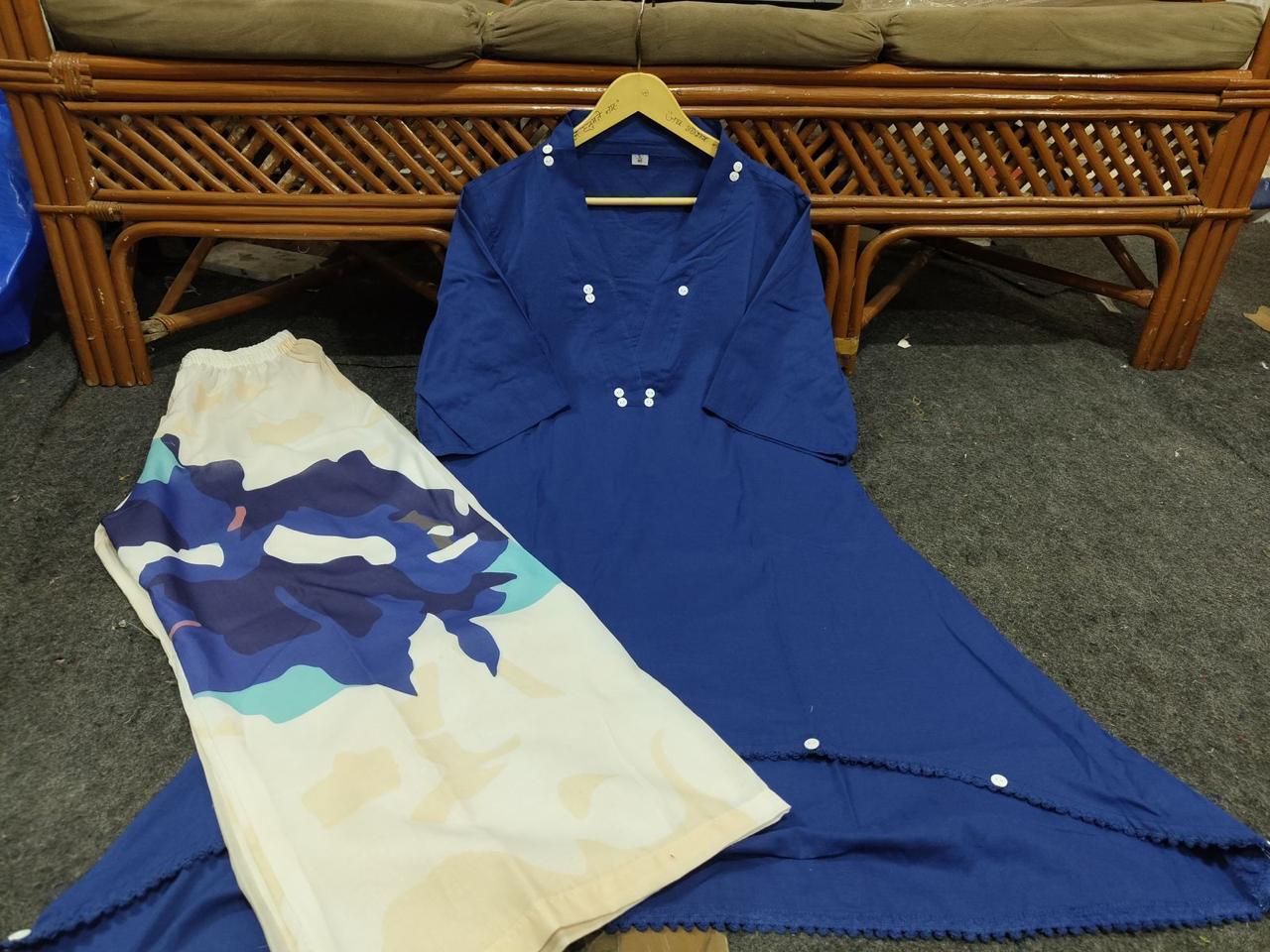 Blue Cotton Lace Work Co-ord Set | Loose Fit Cord Set