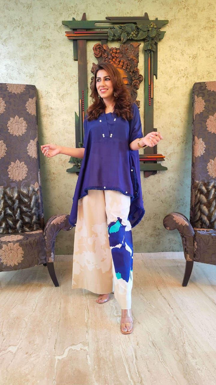 Blue Cotton Lace Work Co-ord Set | Loose Fit Cord Set