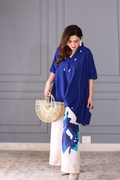 Blue Cotton Lace Work Co-ord Set | Loose Fit Cord Set