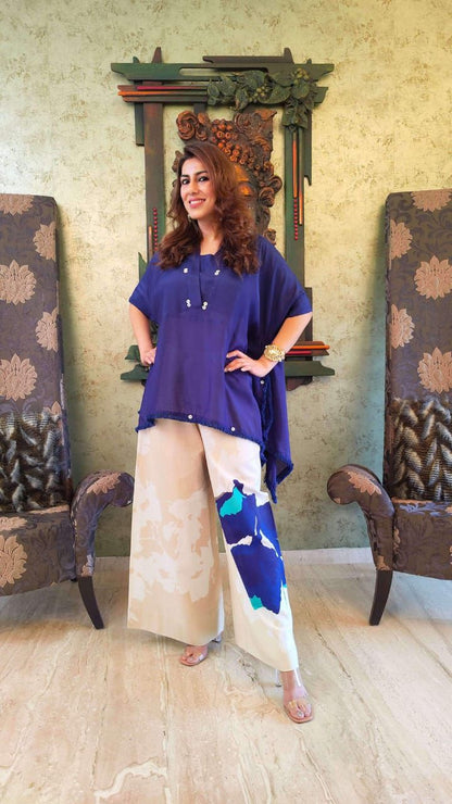 Blue Cotton Lace Work Co-ord Set | Loose Fit Cord Set