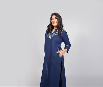 Blue Cotton Kurti Pant Set with Neck & Back Embroidery