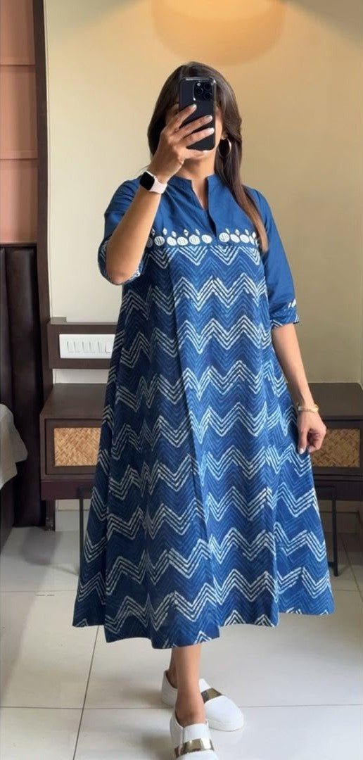 Blue Cotton Zig-Zag Midi Gown Dress with Embroidered Yoke