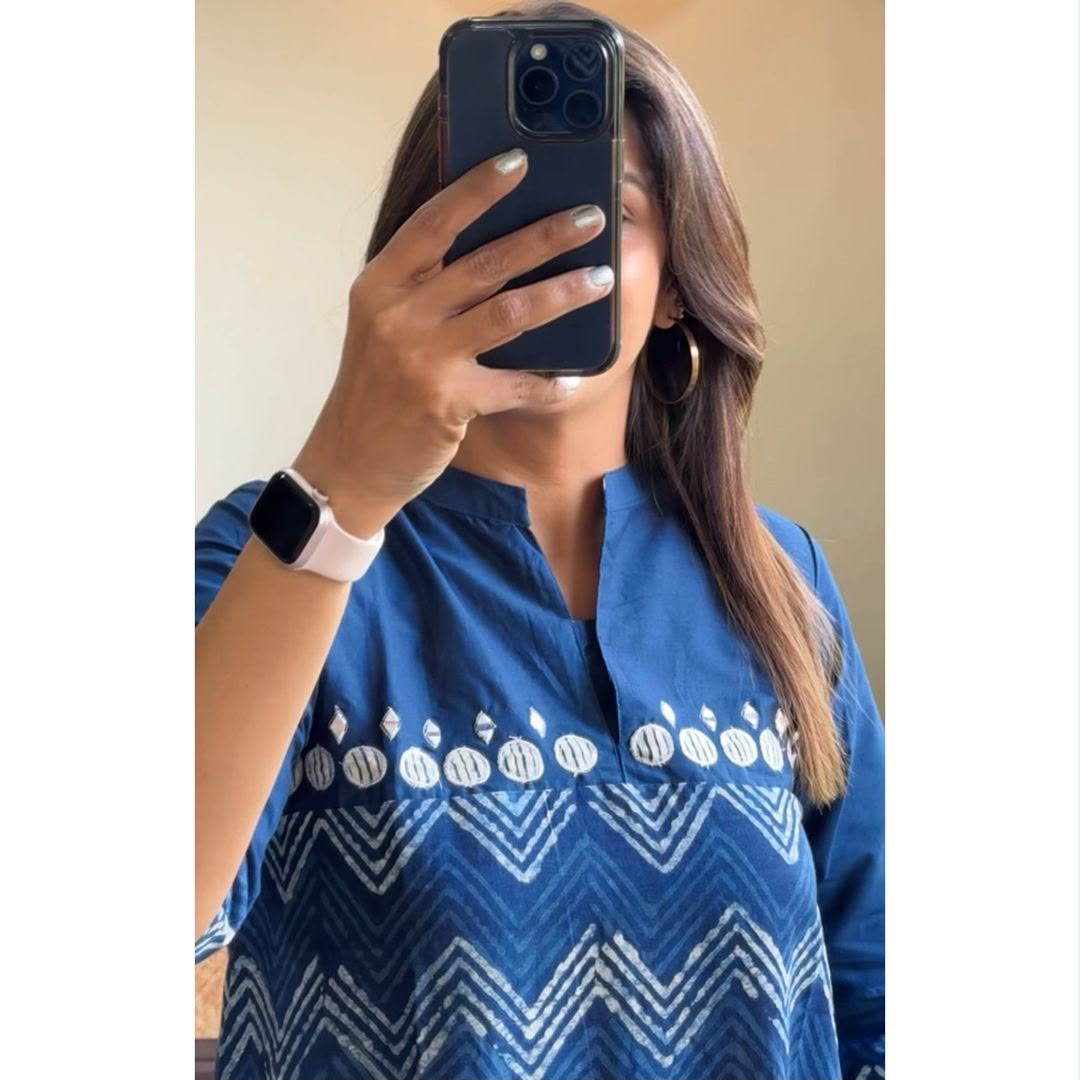 Blue Cotton Zig-Zag Midi Gown Dress with Embroidered Yoke