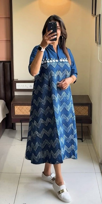 Blue Cotton Zig-Zag Midi Gown Dress with Embroidered Yoke