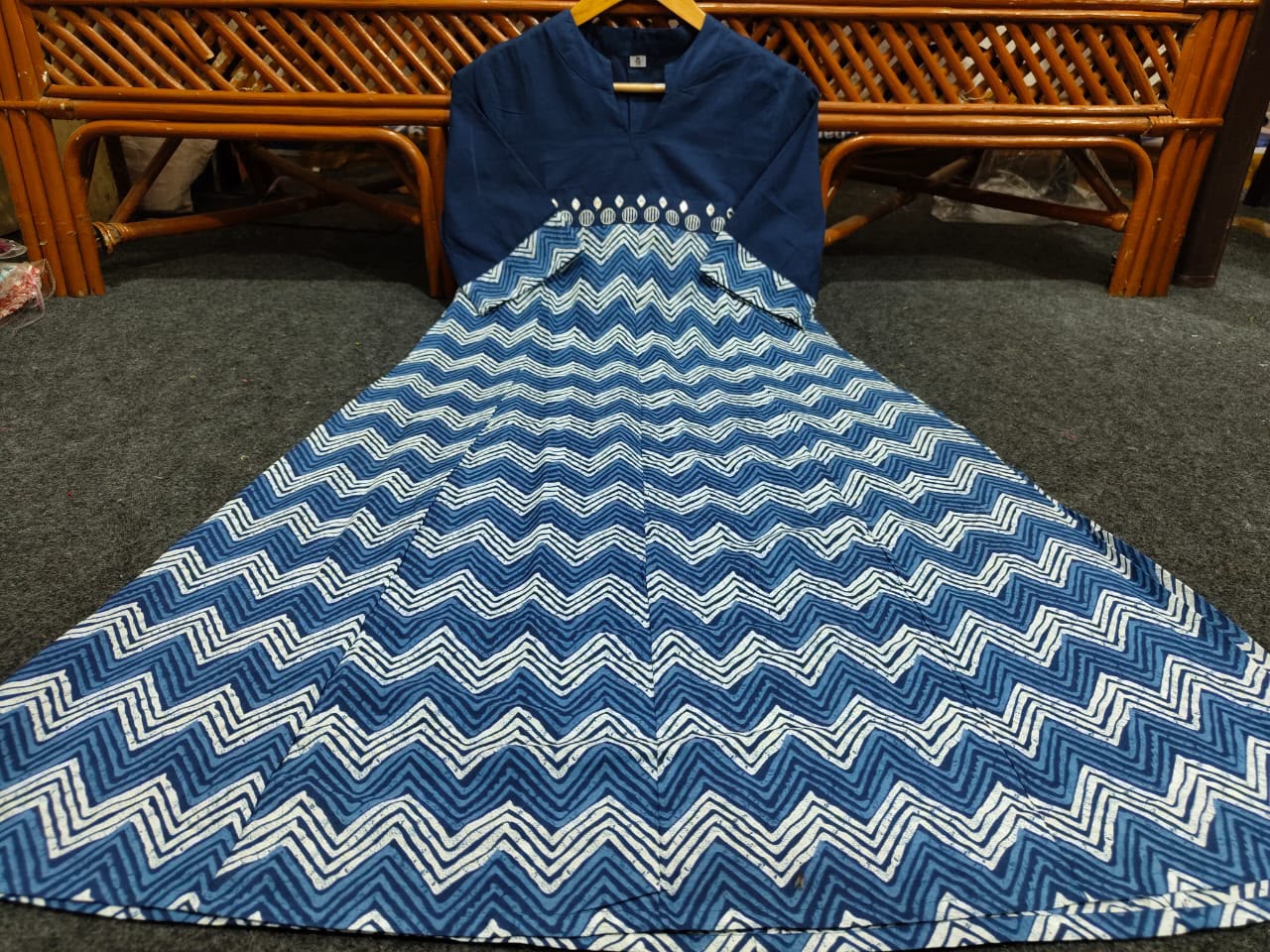Blue Cotton Zig-Zag Midi Gown Dress with Embroidered Yoke