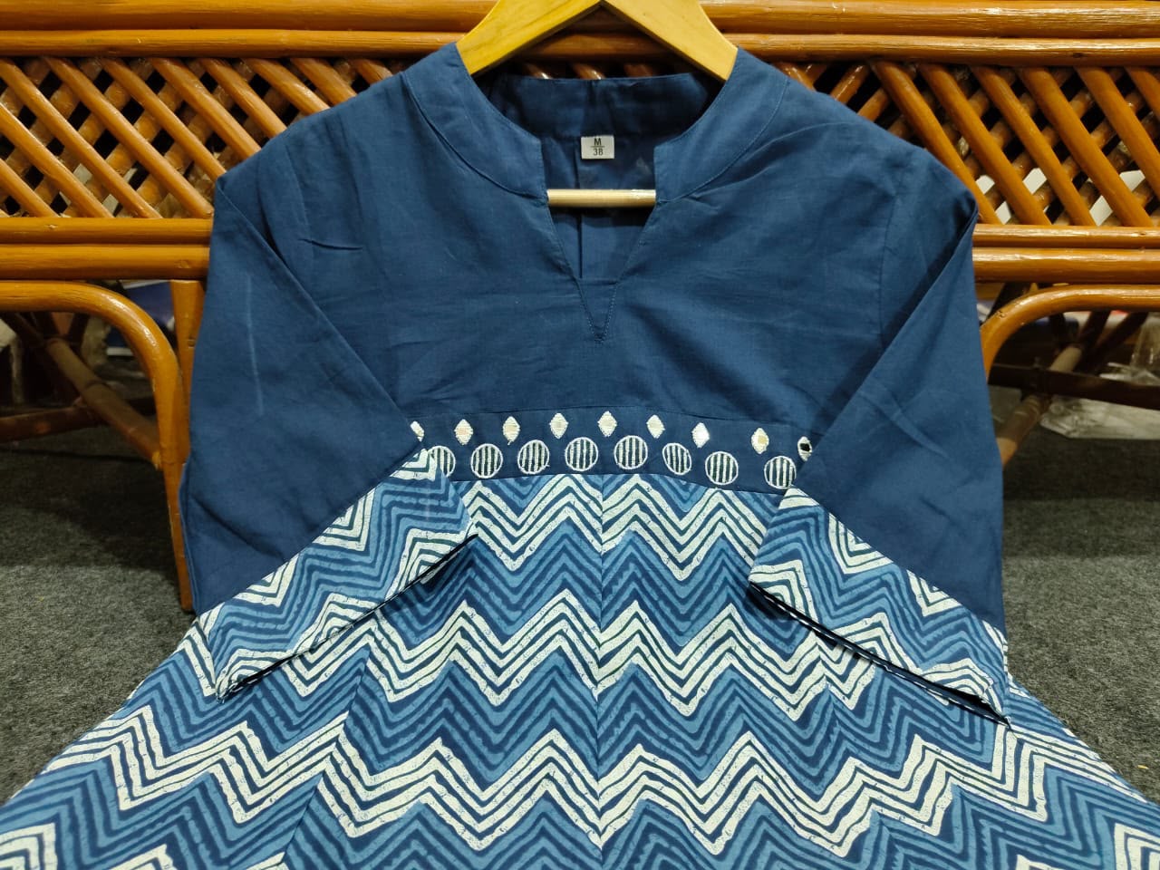 Blue Cotton Zig-Zag Midi Gown Dress with Embroidered Yoke