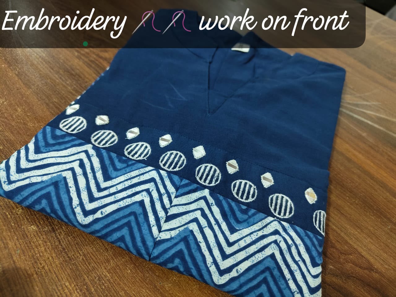 Blue Cotton Zig-Zag Midi Gown Dress with Embroidered Yoke