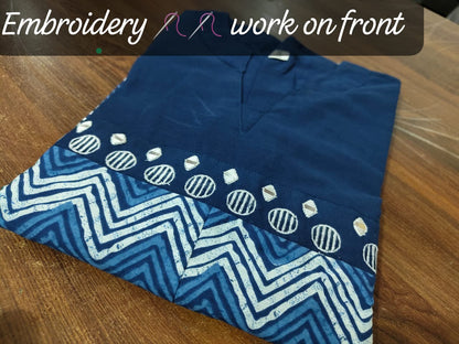 Blue Cotton Zig-Zag Midi Gown Dress with Embroidered Yoke