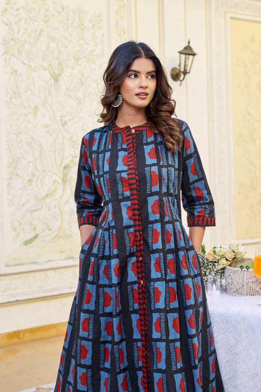 Blue Indigo Cotton Kurta Palazzo Set with Round Neck & 3/4 Sleeves
