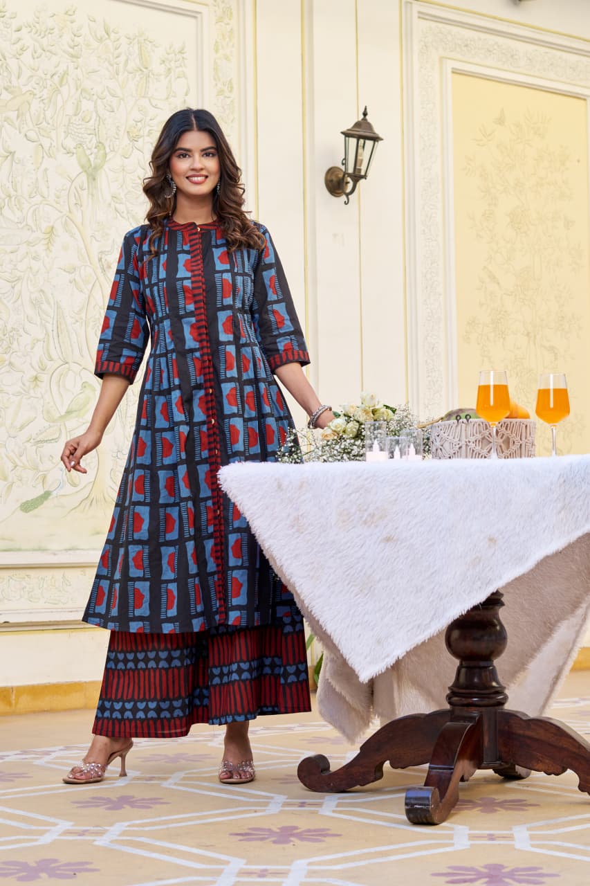 Blue Indigo Cotton Kurta with Plazo Set – 3/4 Sleeves