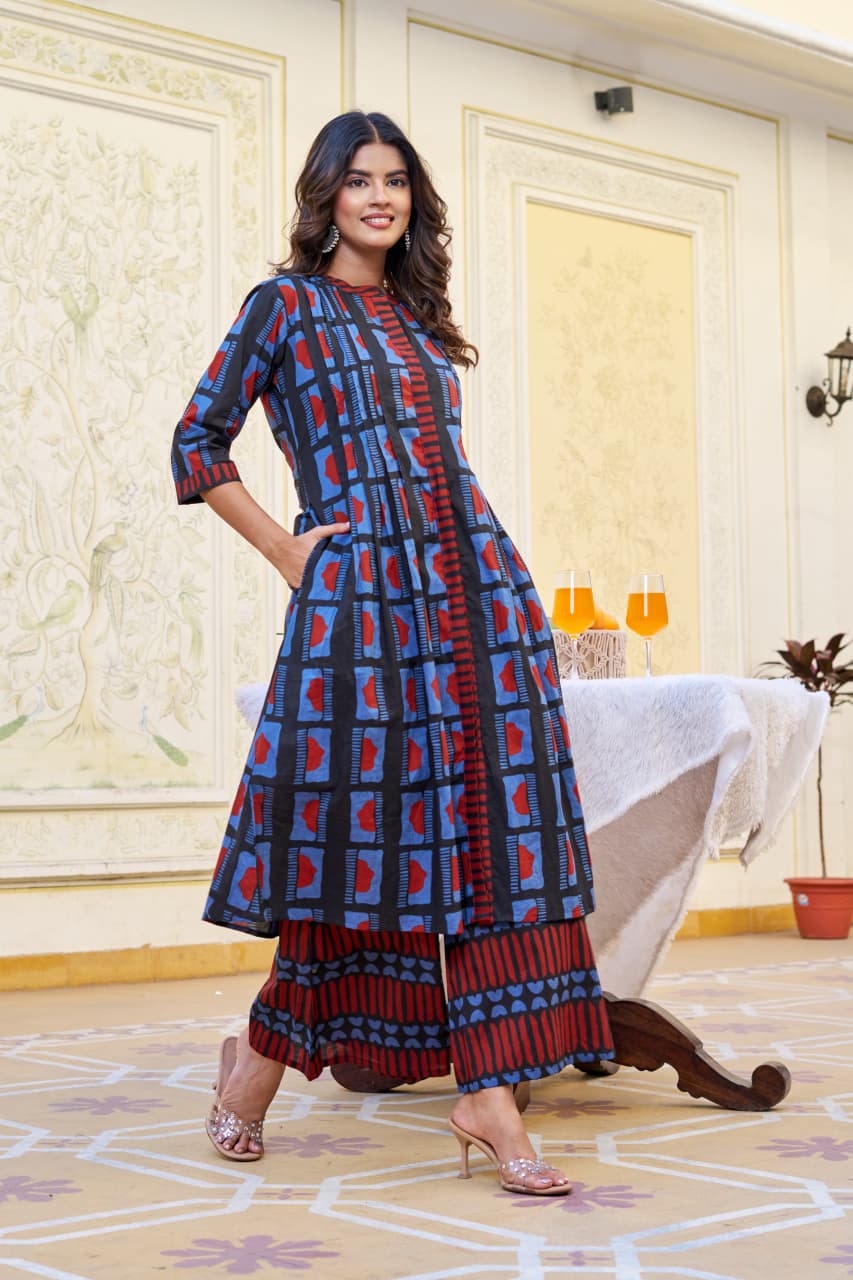 Blue Indigo Cotton Kurta with Plazo Set – 3/4 Sleeves