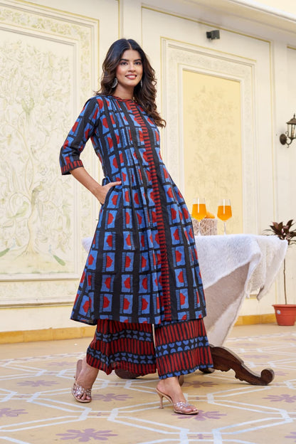 Blue Indigo Cotton Kurta with Plazo Set – 3/4 Sleeves