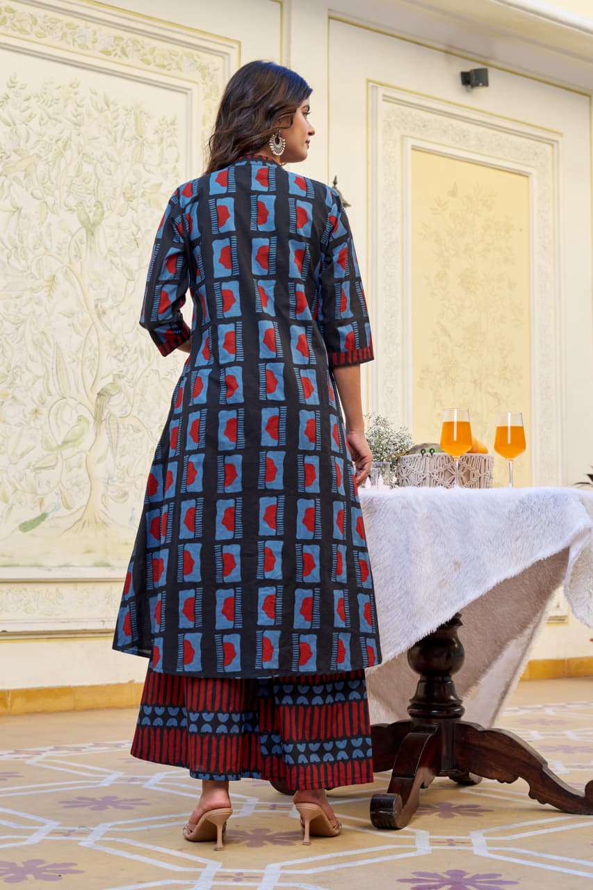 Blue Indigo Cotton Kurta with Plazo Set – 3/4 Sleeves