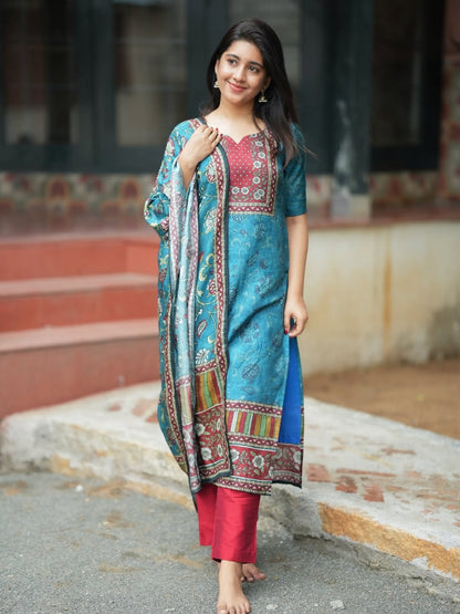 Blue KitKat Silk 3-Piece Suit Set with Printed Dupatta