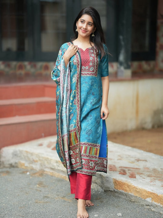 Blue KitKat Silk 3-Piece Suit Set with Printed Dupatta