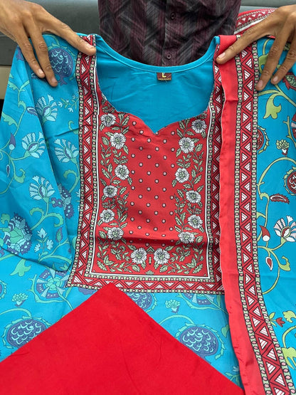 Blue KitKat Silk 3-Piece Suit Set with Printed Dupatta