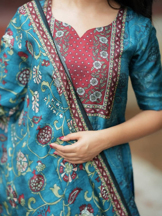Blue KitKat Silk 3-Piece Suit Set with Printed Dupatta