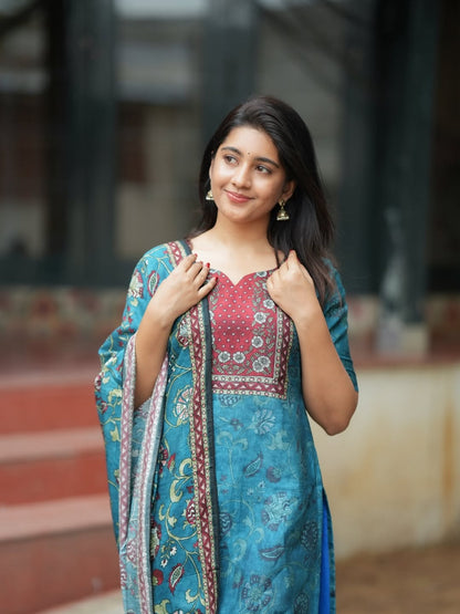 Blue KitKat Silk 3-Piece Suit Set with Printed Dupatta