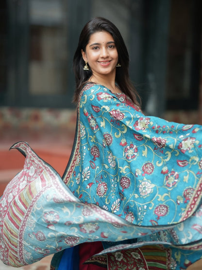 Blue KitKat Silk 3-Piece Suit Set with Printed Dupatta