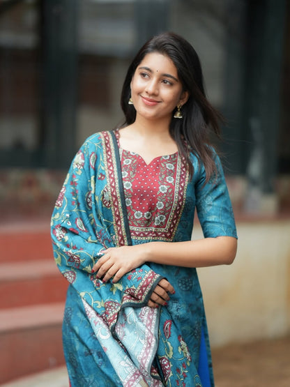 Blue KitKat Silk 3-Piece Suit Set with Printed Dupatta