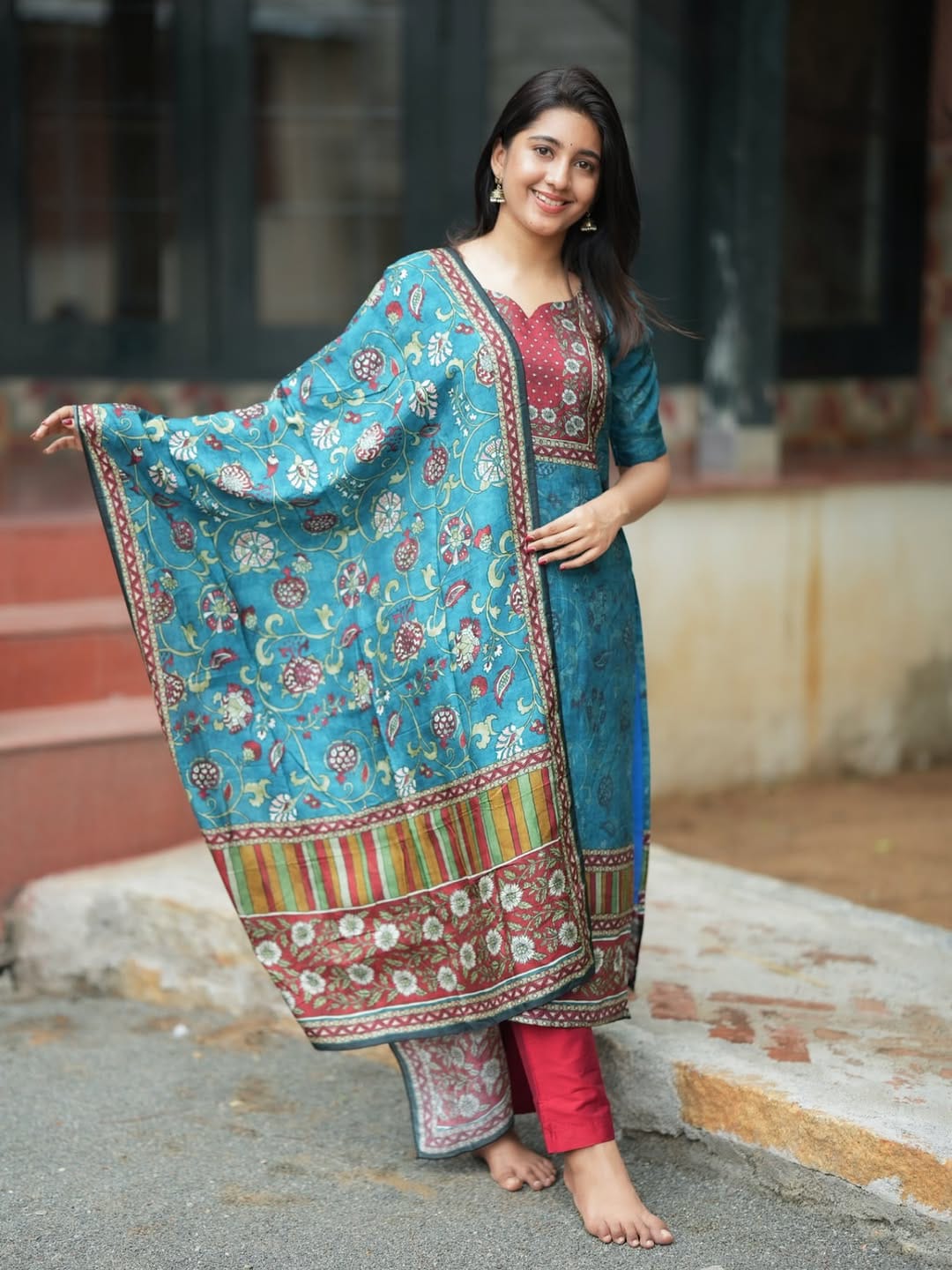 Blue KitKat Silk 3-Piece Suit Set with Printed Dupatta